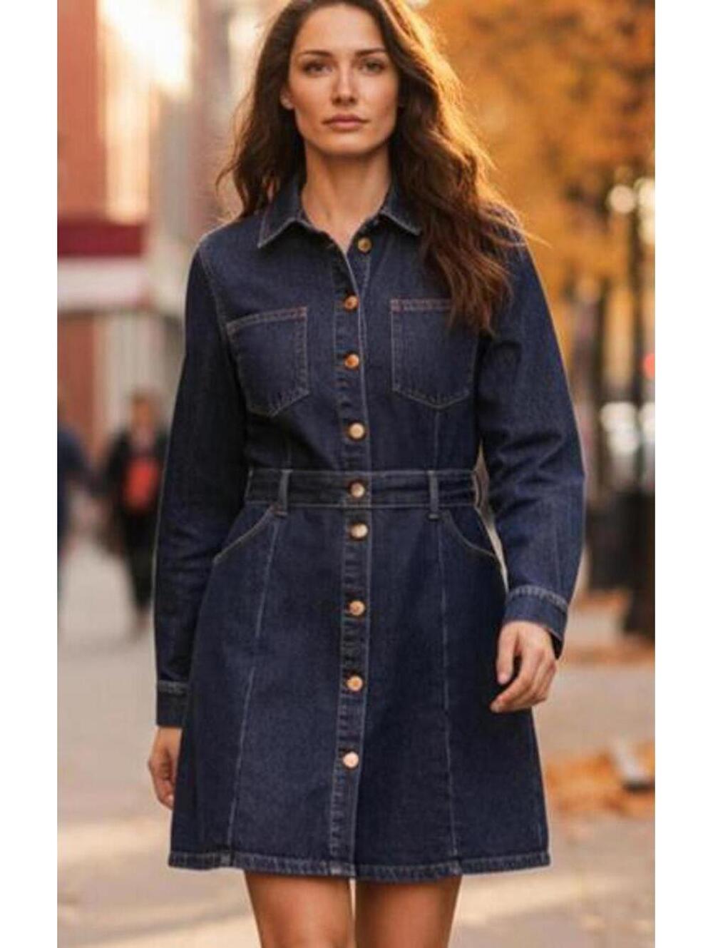 ZARA Denim long sleeve gold  button down dress size Large